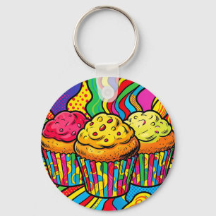 Pop Art Rainbow Cupcakes Explosion Key Ring