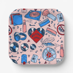 pop art record music lover vintage heart pink paper plate