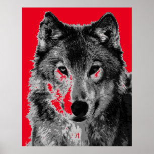 Pop Art Red Grey Wolf Face Poster