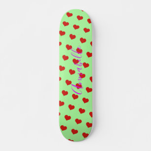 Pop Art Red Heart Pattern on Green Background Skateboard