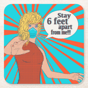 Pop art retro woman in face mask square paper coaster