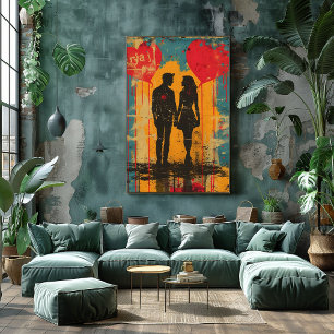 Pop Art Romantic: Couple with Heart Balloons Photo Print