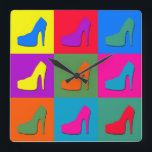 Pop art shoes square wall clock<br><div class="desc">Illustration of high-heel shoes on colourful tiled background</div>