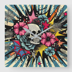 Pop Art Skull Square Wall Clock