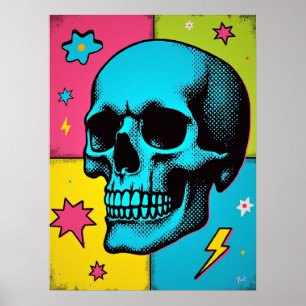 Pop Art Skull with Neon Halftone Dots Poster