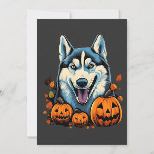Pop Art Smilling Husky Dog with Pumpkins Halloween Holiday Card