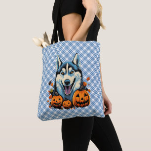 Pop Art Smilling Husky Dog with Pumpkins Halloween Tote Bag