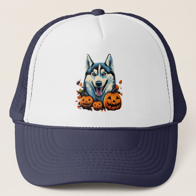 Pop Art Smilling Husky Dog with Pumpkins Halloween Trucker Hat (Front)
