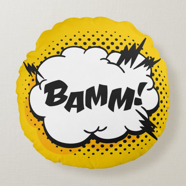 Pop art speech bubble drawing with text. Cartoon s Round Cushion (Front)
