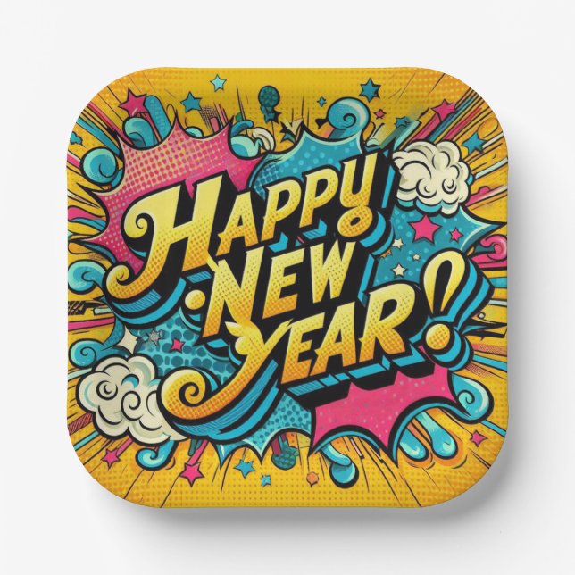 Pop Art Style Happy New Year Paper Plate (Front)