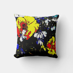 pop art style red yellow blue and white flowers cushion