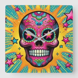 Pop Art Sugar Skull Square Wall Clock