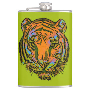Pop Art TIGER HEAD + your backgr. & ideas Hip Flask