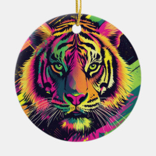 Pop Art Tiger Illustration with Neon Colors Ceramic Ornament