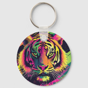 Pop Art Tiger Illustration with Neon Colors Key Ring