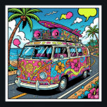 Pop Art Van Poster<br><div class="desc">A high-quality graphic of a vintage beach van in a psychedelic Pop Art style. The van features bold patterns,  bright,  contrasting colours,  and thick outlines,  giving it a playful,  comic-book aesthetic.</div>