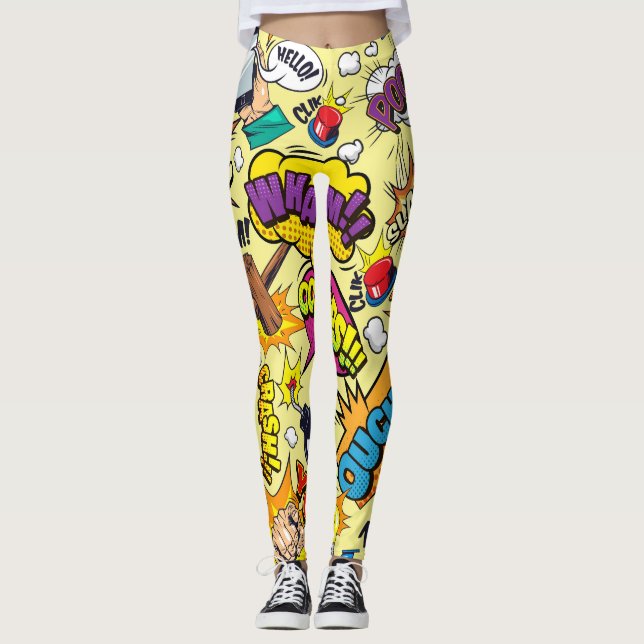 Pop Art Vibrant Retro Comic Text Leggings (Front)