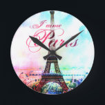 Pop Art Vintage Eiffel Tower Round Clock<br><div class="desc">Ooh La La! Vintage Eiffel Tower design featuring vibrant pop art colours. Text says J'AIME PARIS. Perfect for anyone who loves Paris!</div>