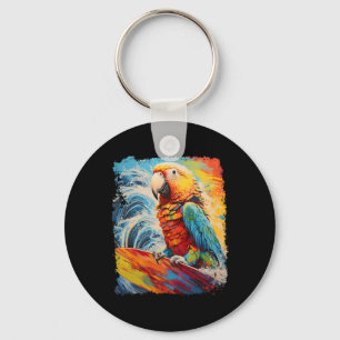 Pop Art Vintage Pet Bird Parrot Surfing Key Ring