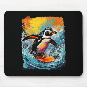 Pop Art Vintage Zoo Bird Surfing Penguin Mouse Pad