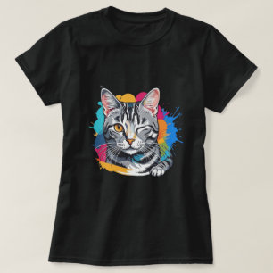 Pop Art Winking Tabby Cat Splash Art T-Shirt