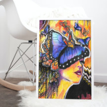 Pop Art Woman Blue Butterfly Portrait