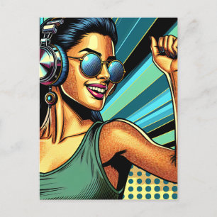 Pop Art Woman in Headphones Dancing Postcard