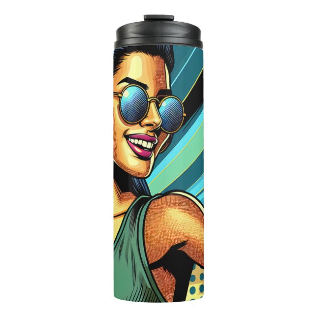 Pop Art Woman in Headphones Dancing Thermal Tumbler (Front)