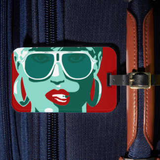 Pop Art Woman in White Sunglasses Biting Red Lips Luggage Tag