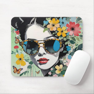 Pop Art Woman's Face Floral with Butterflies Mouse Pad