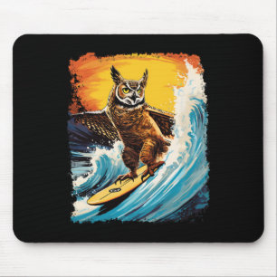 Pop Art Zoo Vintage Bird Horned Owl Surfing Mouse Pad