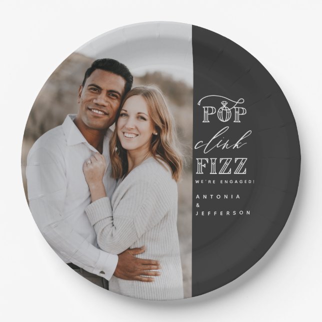 Pop clink fizz engagement party paper plates (Front)