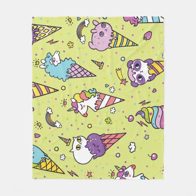 Pop Cute Ice Cream: Animal Pattern Fleece Blanket (Front)