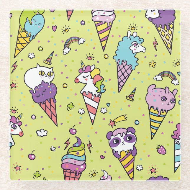 Pop Cute Ice Cream: Animal Pattern Glass Coaster (Front)