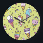 Pop Cute Ice Cream: Animal Pattern Large Clock<br><div class="desc">Vintage illustration of Pop Cute ice cream cones that look like animals. Seamless ice cream pattern with animals. Vintage background. Embrace the spirit of Mexico with sugar skull and rose seamless pattern. Take a journey with this graffiti wall art in an urban street decor. panda, pattern, background, illustration, texture, decor,...</div>