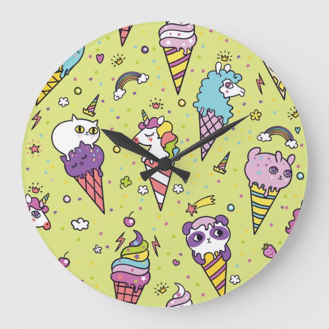 Pop Cute Ice Cream: Animal Pattern Large Clock (Front)