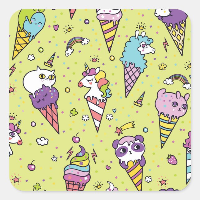 Pop Cute Ice Cream: Animal Pattern Square Sticker (Front)