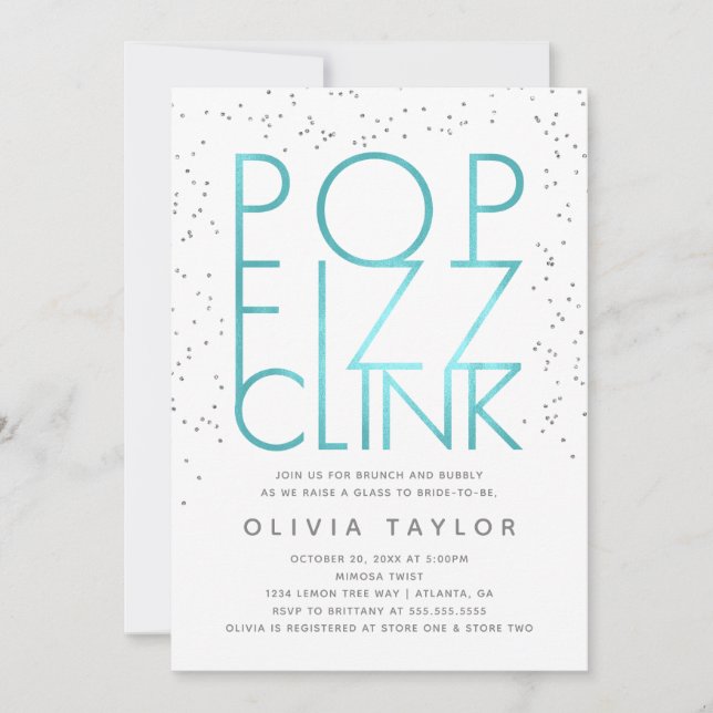 Pop Fizz Clink Bridal Shower Invitation, Aqua Invitation (Front)