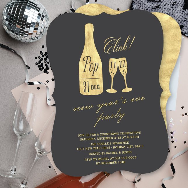 Pop Fizz Clink Champagne Chic New Year's Eve Party Invitation (Creator Uploaded)