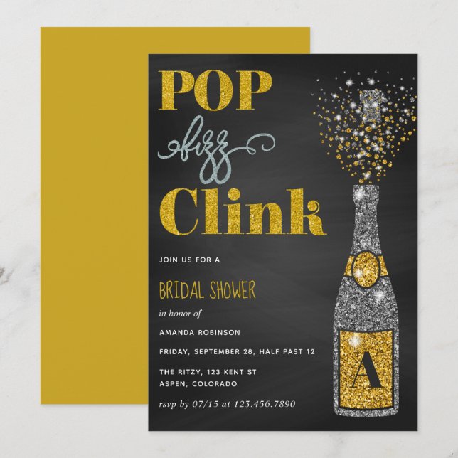 Pop fizz clink glitter chalkboard Bridal Shower Invitation (Front/Back)