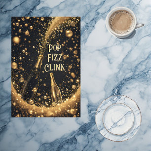 Pop Fizz Clink Midnight Gold Champagne Bubbles Tea Towel
