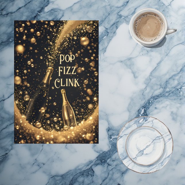 Pop Fizz Clink Midnight Gold Champagne Bubbles  Tea Towel (Pop Fizz Clink Midnight Gold Champagne Bubbles Kitchen Towel)