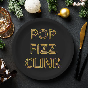 Pop Fizz Clink Modern Typography New Year's Eve Paper Plate