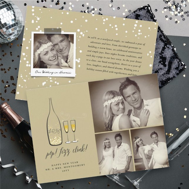 Pop Fizz Clink Stylish Gold Champagne Chic 3 Photo Holiday Card (Pop Fizz Clink Stylish Gold Champagne Chic 3 Photo Holiday Card @ fat_fa_tin)