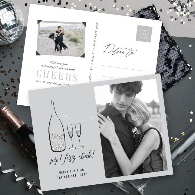Pop Fizz Clink Stylish Silver Champagne Chic Photo Holiday Postcard (Pop Fizz Clink Stylish Silver Champagne Chic Photo Holiday Postcard @ fat_fa_tin)