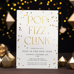 Pop Fizz Clink White Gold Confetti New Year's Eve  Invitation