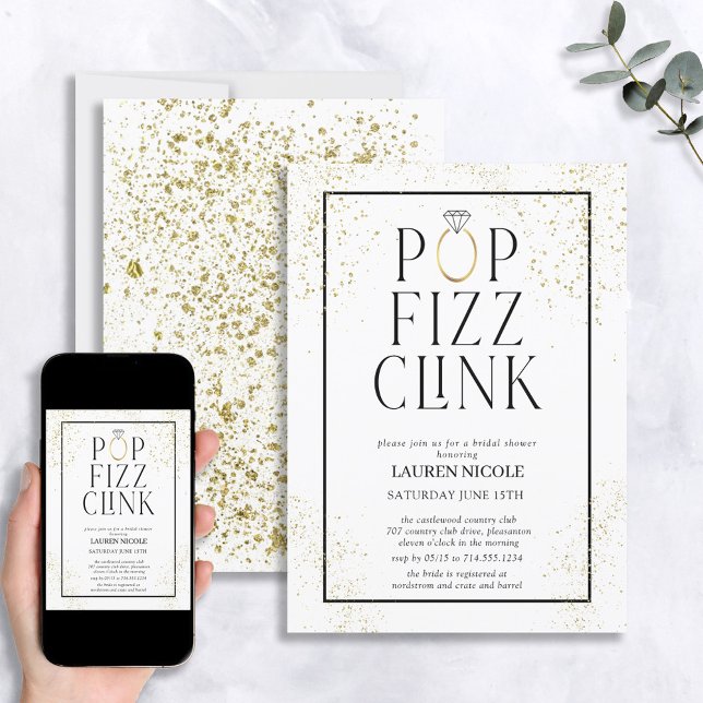 Pop Fizz Clink White Gold Dust Bridal Shower Invitation (Creator Uploaded)