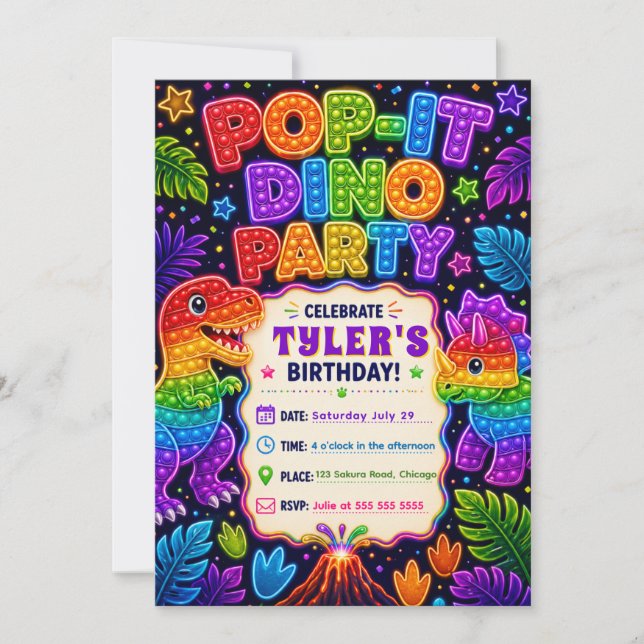 Pop It Dinosaur Birthday Party Invitation (Front)