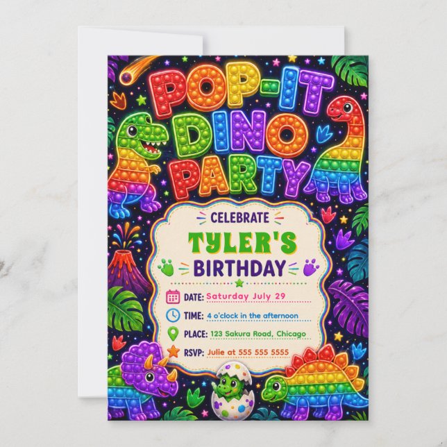 Pop It Dinosaur Birthday Party Invitation (Front)
