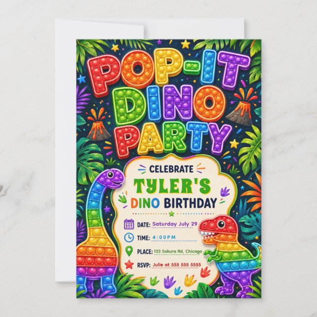 Pop It Dinosaur Birthday Party Invitation (Front)